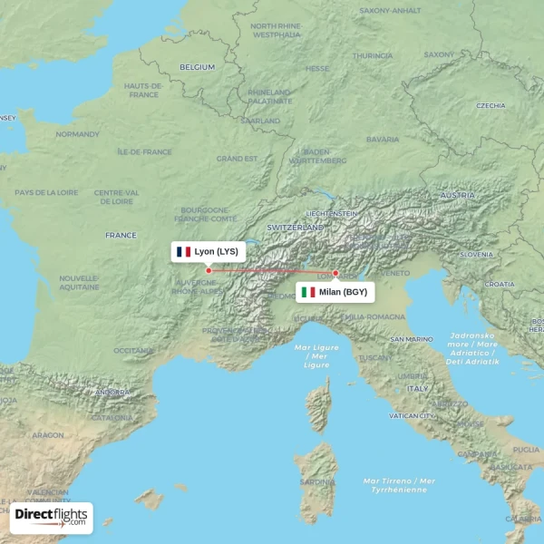Lyon - Milan direct flight map