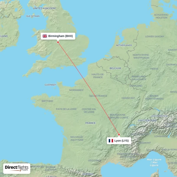 Lyon - Birmingham direct flight map