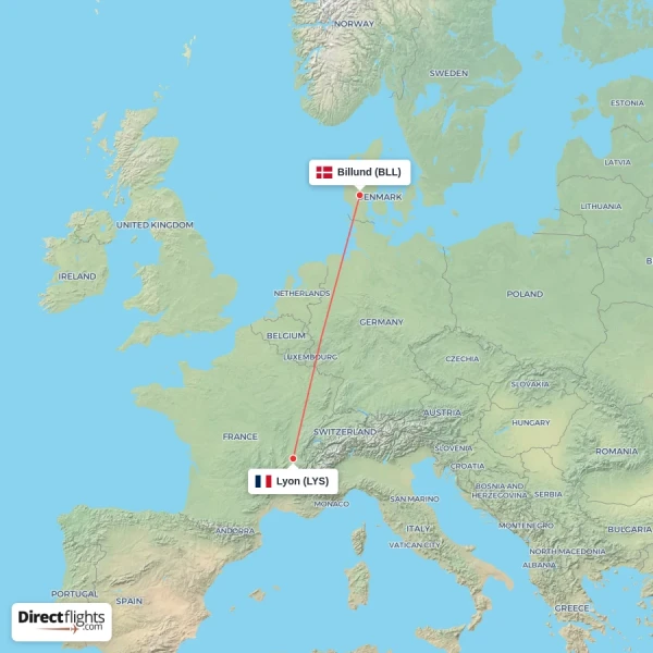 Lyon - Billund direct flight map