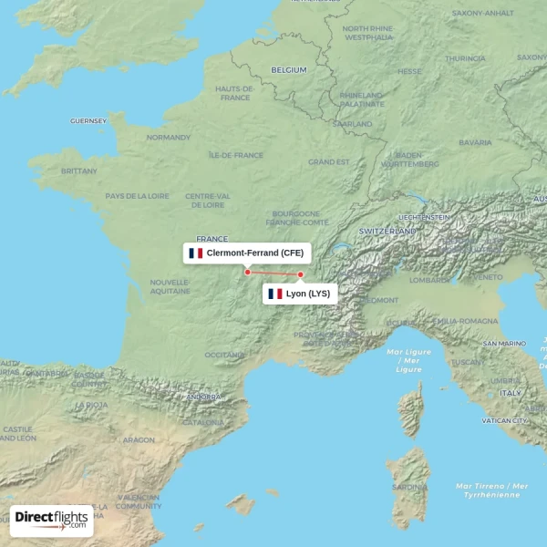 Lyon - Clermont-Ferrand direct flight map