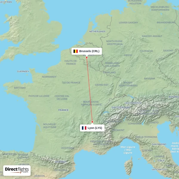 Lyon - Brussels direct flight map