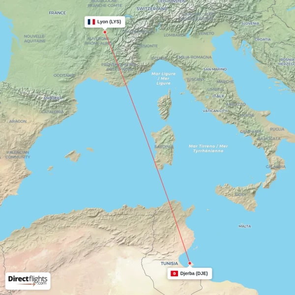 Lyon - Djerba direct flight map