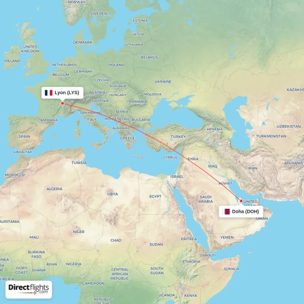 Lyon - Doha direct flight map