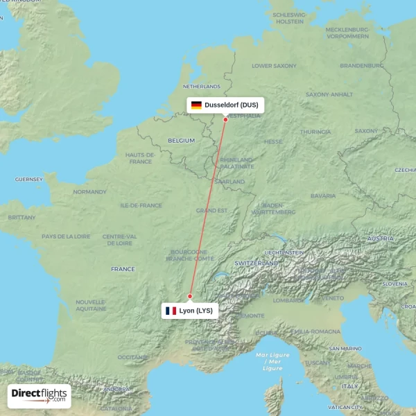 Lyon - Dusseldorf direct flight map