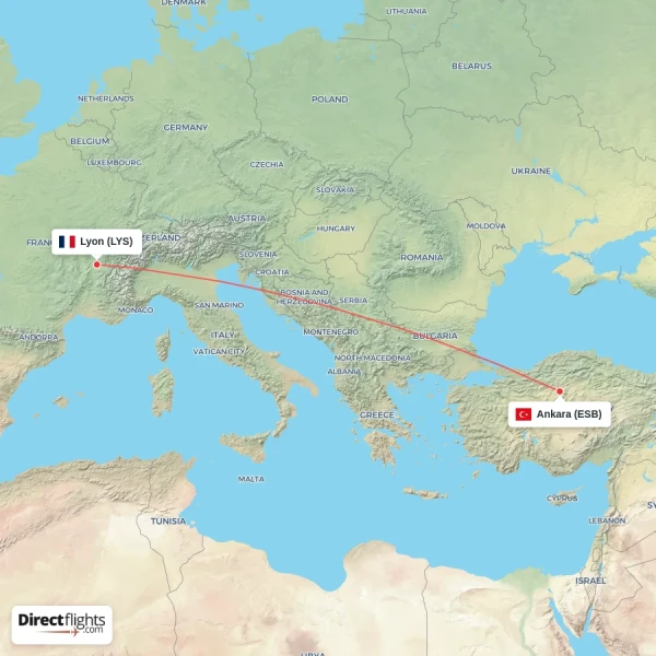 Lyon - Ankara direct flight map