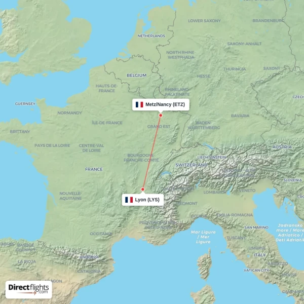 Lyon - Metz/Nancy direct flight map