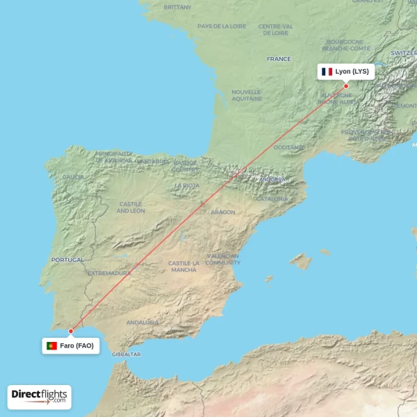 Lyon - Faro direct flight map