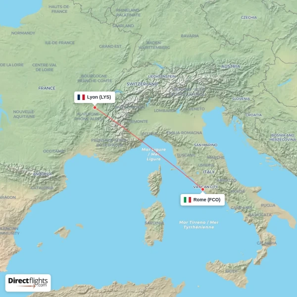 Lyon - Rome direct flight map
