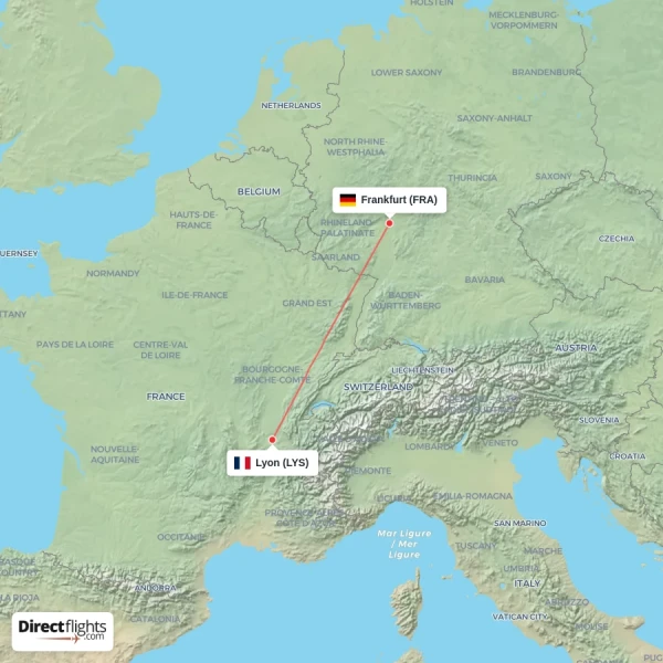 Lyon - Frankfurt direct flight map