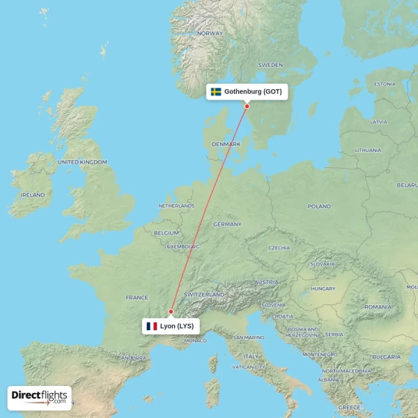 Lyon - Gothenburg direct flight map
