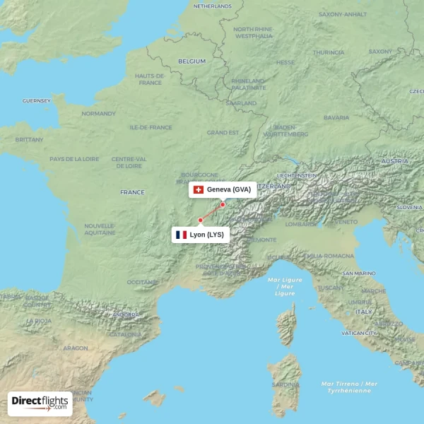 Lyon - Geneva direct flight map
