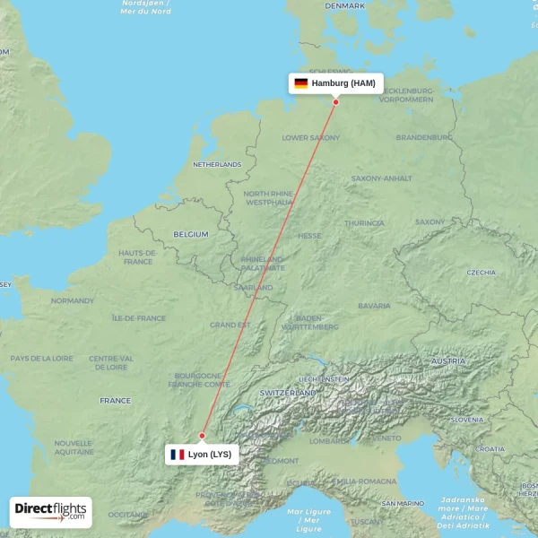 Lyon - Hamburg direct flight map