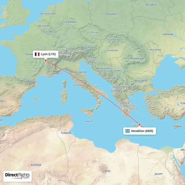 Lyon - Heraklion direct flight map