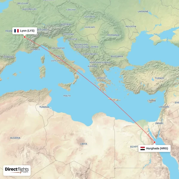 Lyon - Hurghada direct flight map