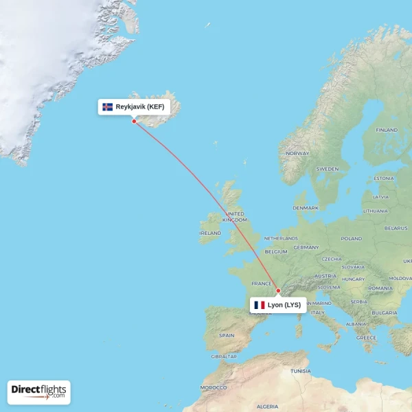 Lyon - Reykjavik direct flight map