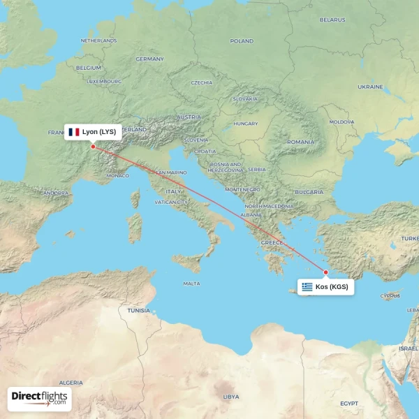 Lyon - Kos direct flight map