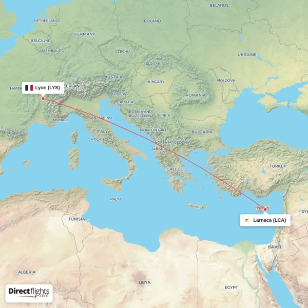 Lyon - Larnaca direct flight map