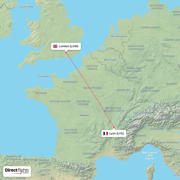 Lyon - London direct flight map