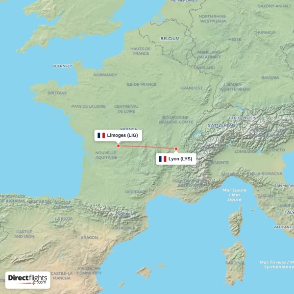 Lyon - Limoges direct flight map