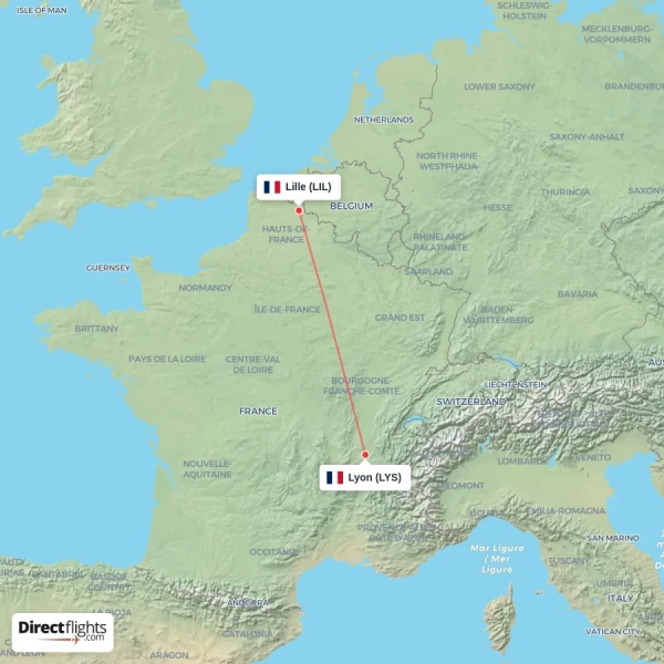 Lyon - Lille direct flight map