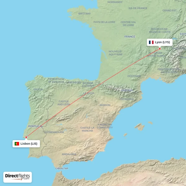 Lyon - Lisbon direct flight map