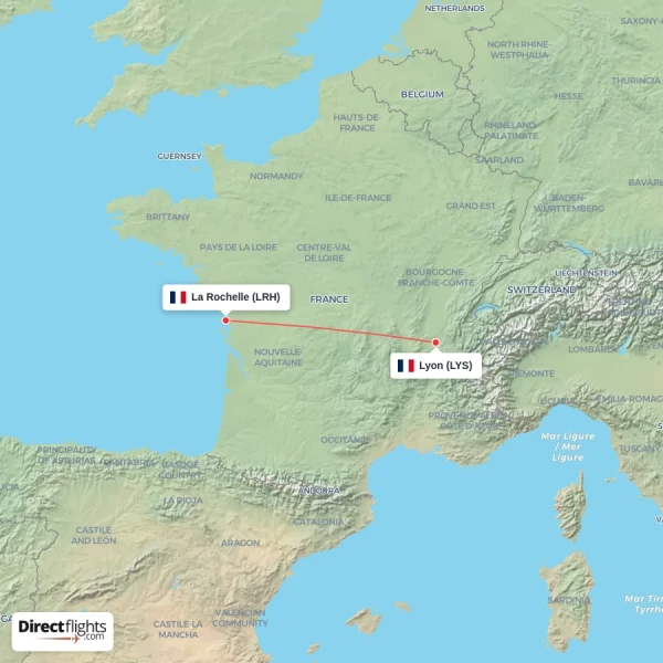 Lyon - La Rochelle direct flight map