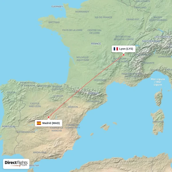 Lyon - Madrid direct flight map