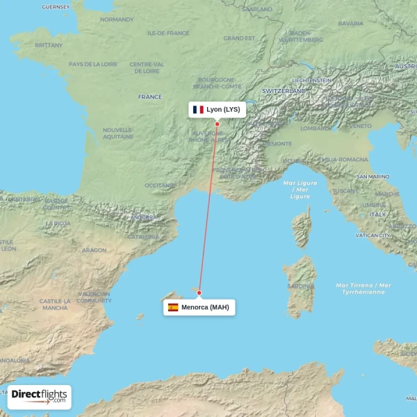 Lyon - Menorca direct flight map