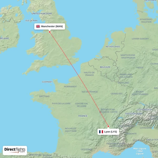 Lyon - Manchester direct flight map