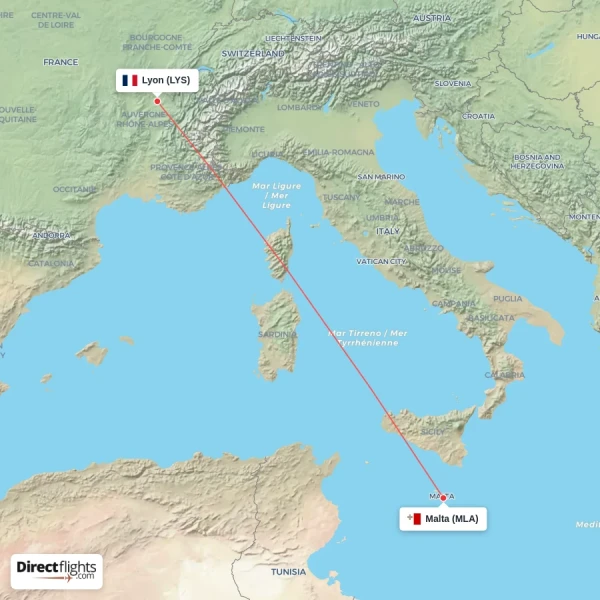Lyon - Malta direct flight map