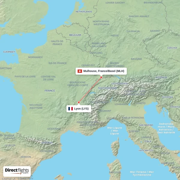 Lyon - Mulhouse, France/Basel direct flight map