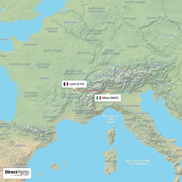 Lyon - Milan direct flight map