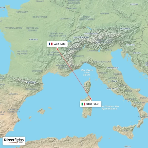 Lyon - Olbia direct flight map