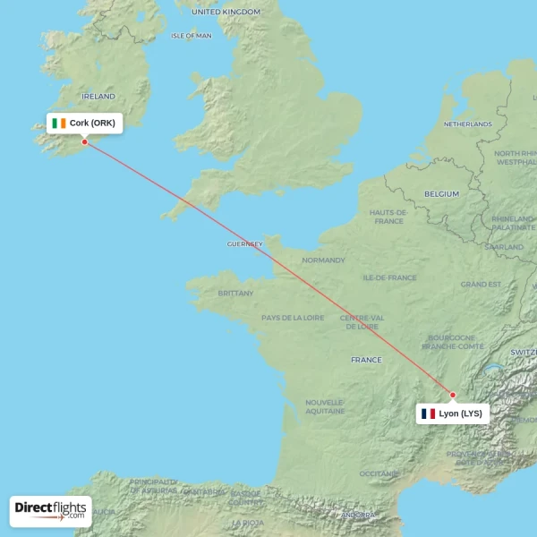 Lyon - Cork direct flight map