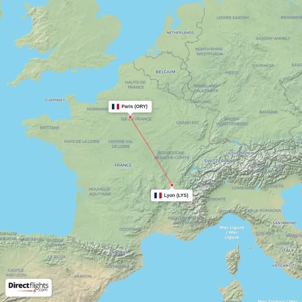 Lyon - Paris direct flight map