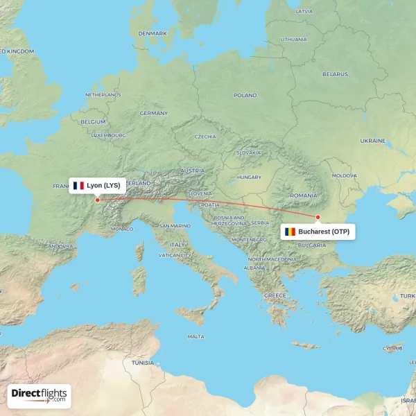Lyon - Bucharest direct flight map