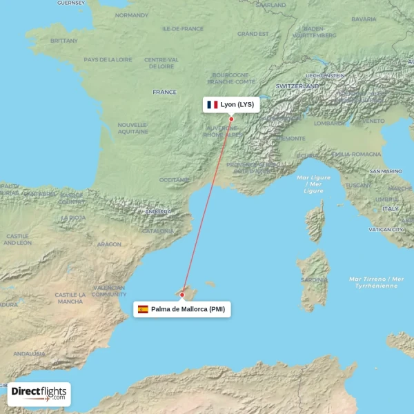 Lyon - Palma de Mallorca direct flight map