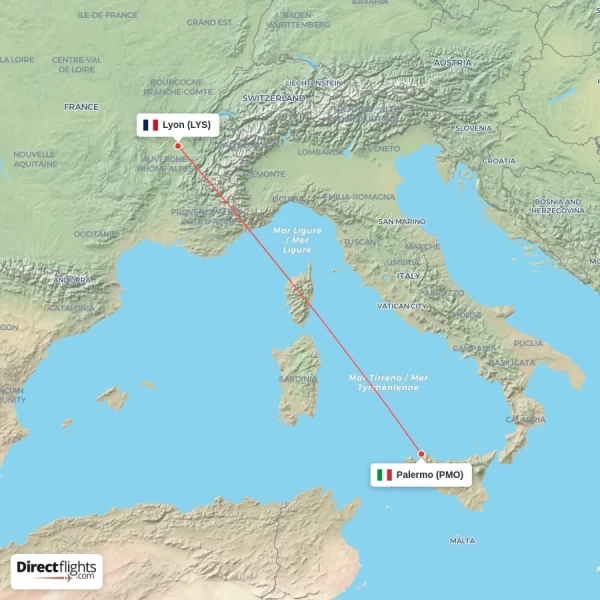 Lyon - Palermo direct flight map