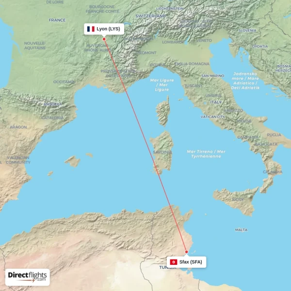 Lyon - Sfax direct flight map