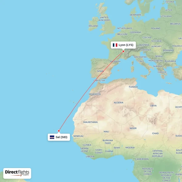 Lyon - Sal direct flight map