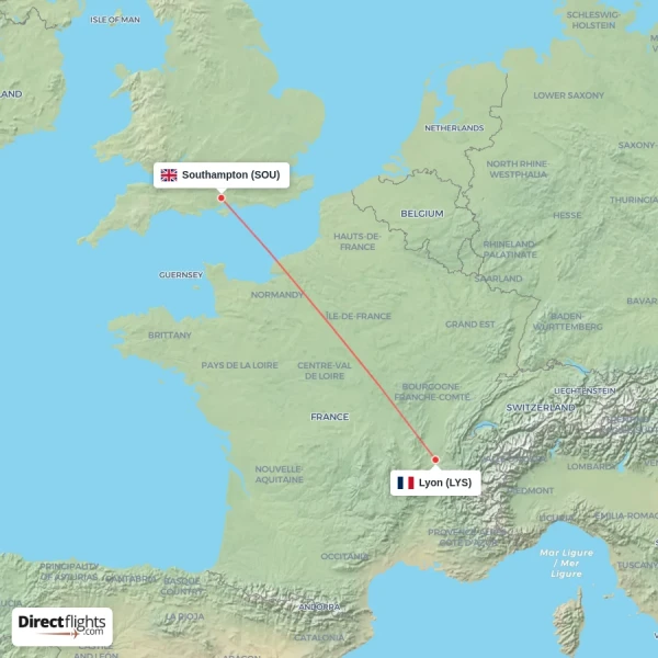Lyon - Southampton direct flight map