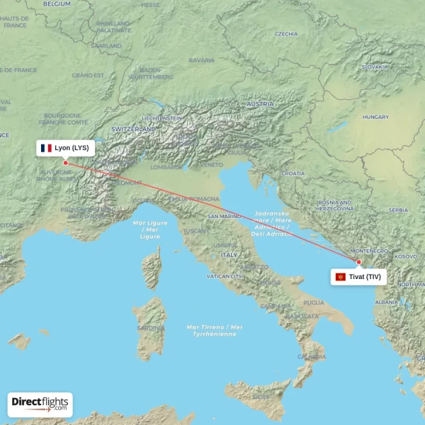 Lyon - Tivat direct flight map