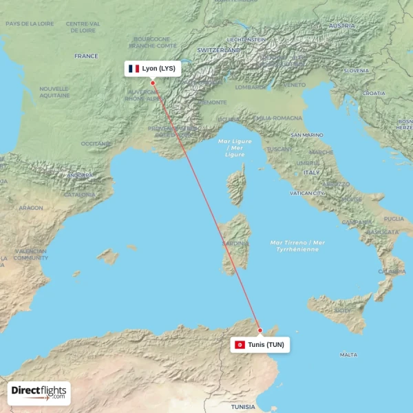Lyon - Tunis direct flight map