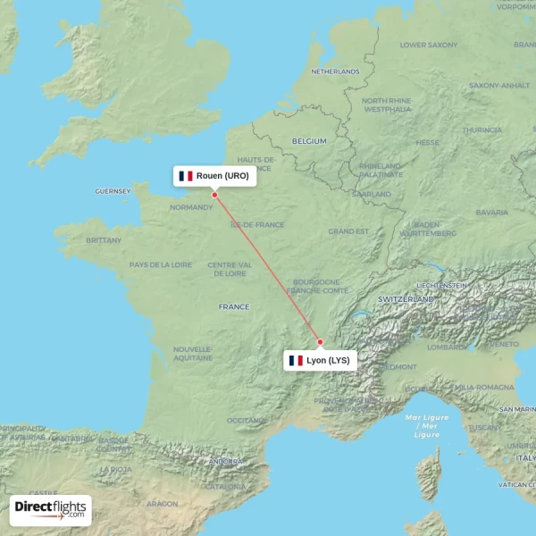 Lyon - Rouen direct flight map
