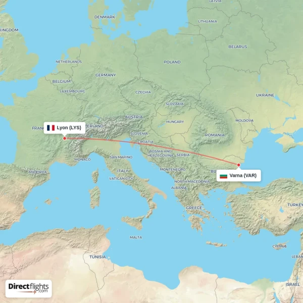Lyon - Varna direct flight map