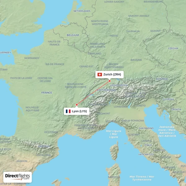 Lyon - Zurich direct flight map