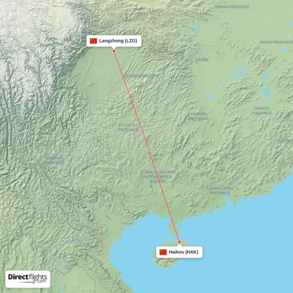 Langzhong - Haikou direct flight map