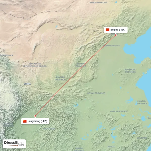 Langzhong - Beijing direct flight map