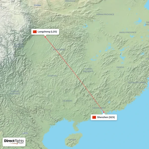 Langzhong - Shenzhen direct flight map