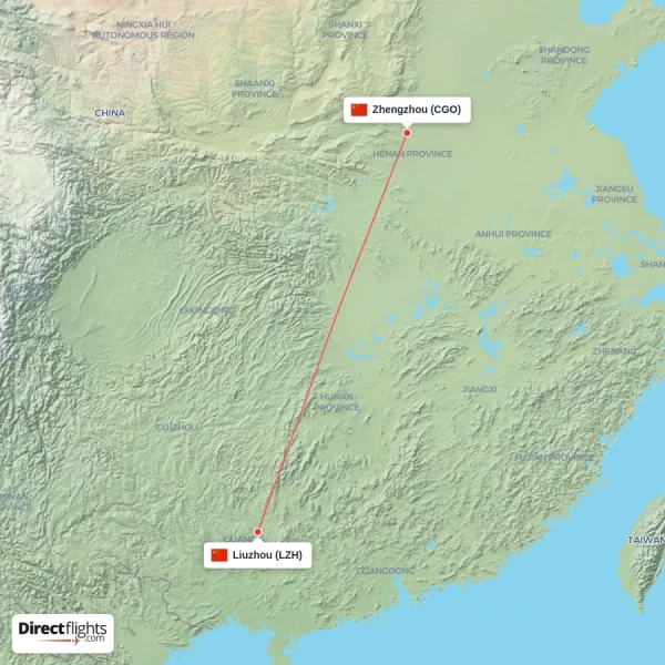 Liuzhou - Zhengzhou direct flight map